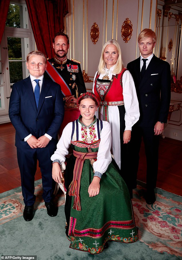 Prince Sverre Magnus, Crown Prince Haakon, Princess Ingrid Alexandra, Crown Princess Mette-Marit and Marius Borg Høiby (pictured far right) in 2019 in Oslo