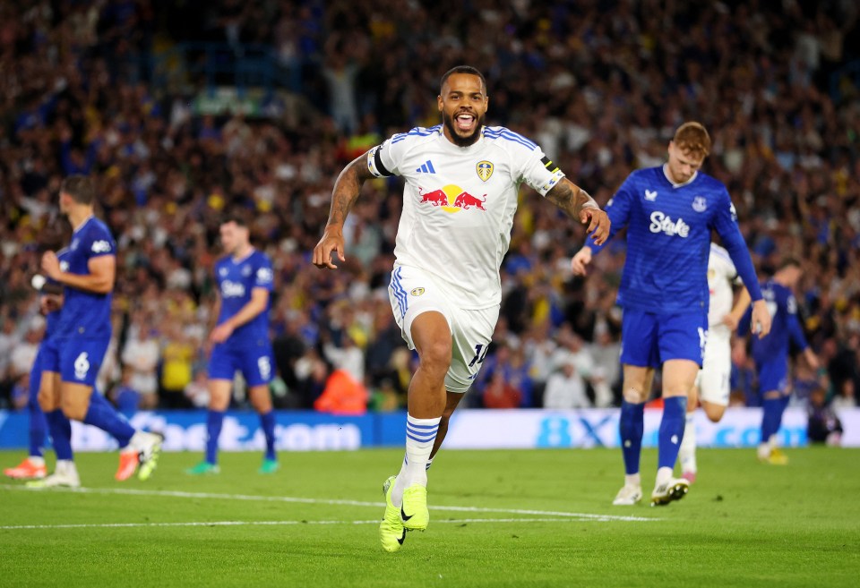 Lukas Nmecha of Leeds United celebrating a goal.