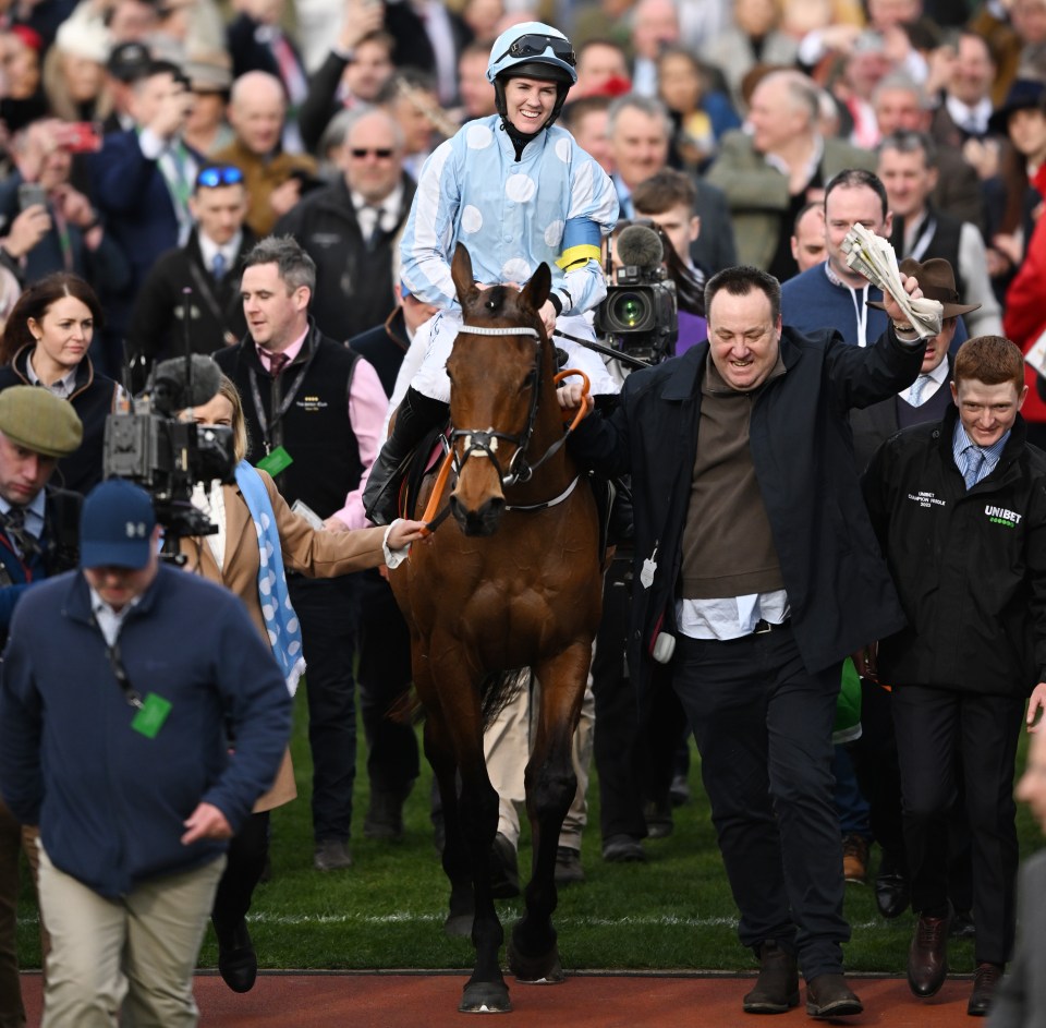 Rachael Blackmore and Honeysuckle winning the Champion Hurdle at the Cheltenham Festival.
