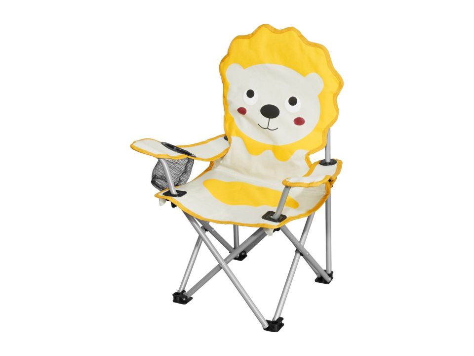 Lion-shaped children's folding chair with cup holder.