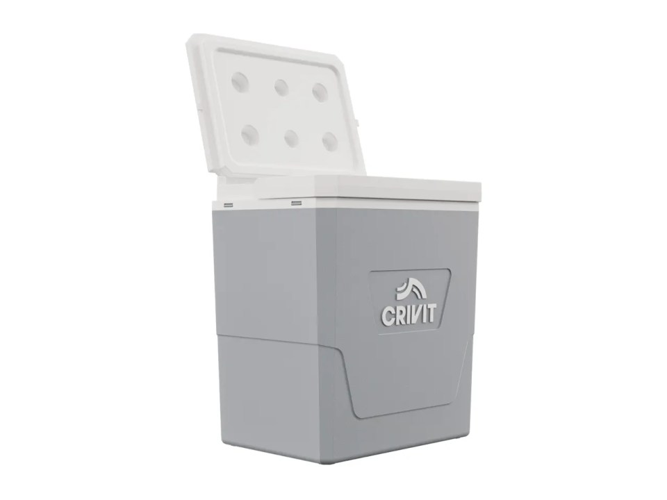 Grey Crivit cooler with lid ajar.