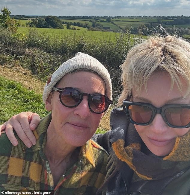 Ellen DeGeneres has put her Cotswolds farmhouse on the market for £22.5million - a staggering £7.5million more than she paid for it just 12 months ago. Pictured: The former talk show host (left) and her wife Portia de Rossi (right)
