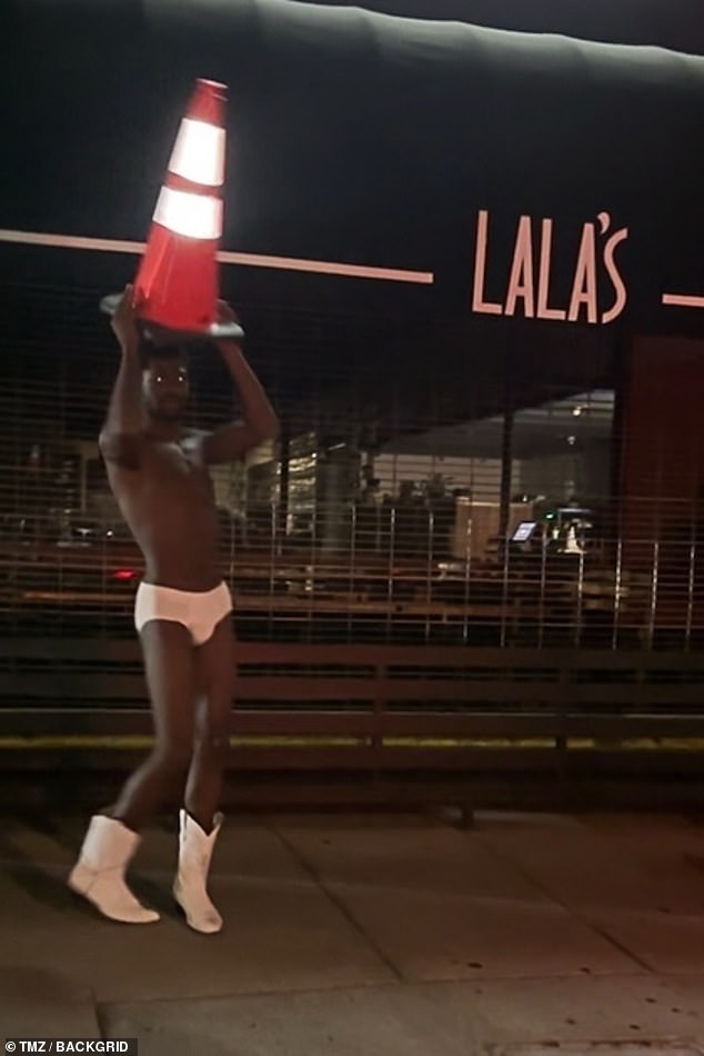 He was first seen walking down Ventura Blvd in a pair of white western boots and a pair of tighty whities , but was later completely nude when he was taken into custody