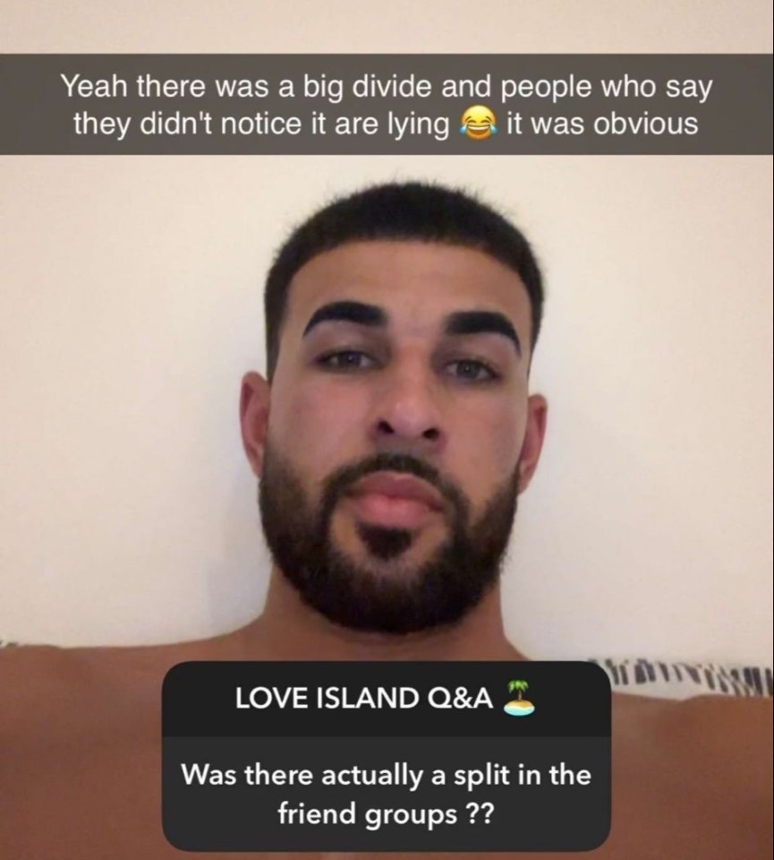 Screenshot of a Love Island Q&A on social media.  A man answers a question about a split in friend groups.