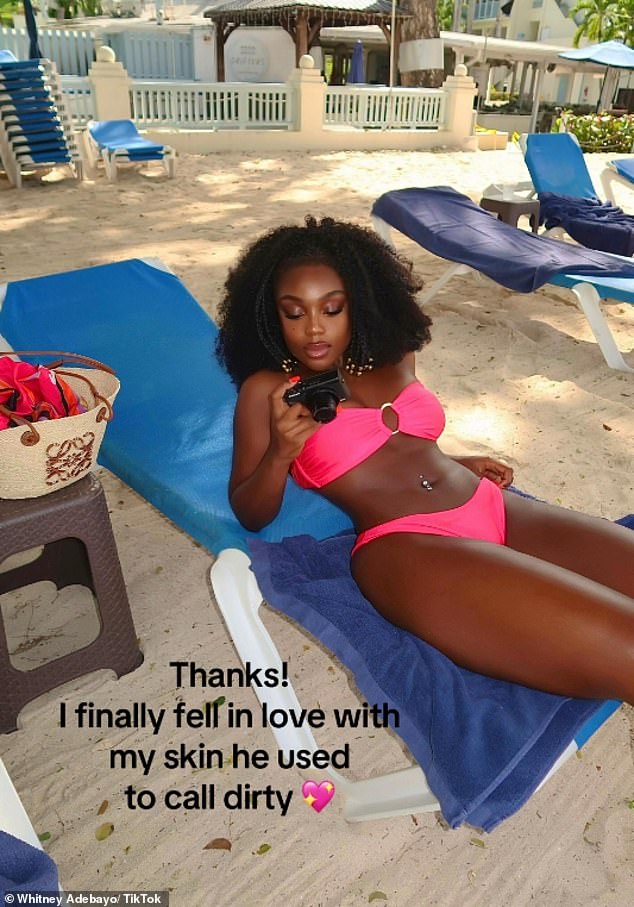 In a social media video shared to TikTok last month, Ms Abedayo uploaded an image of her in a bright pink bikini, with text that read: 'You look happier'. Then in another image of her, she added: 'Thanks! I finally fell in love with my skin he used to call dirty'