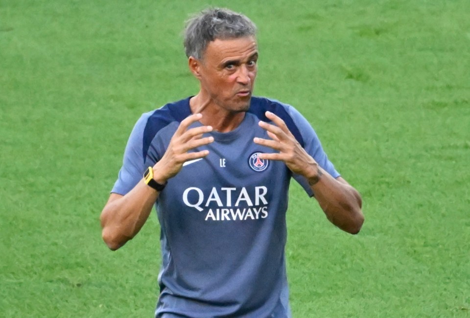 Luis Enrique, PSG's coach, gesturing during a training session.