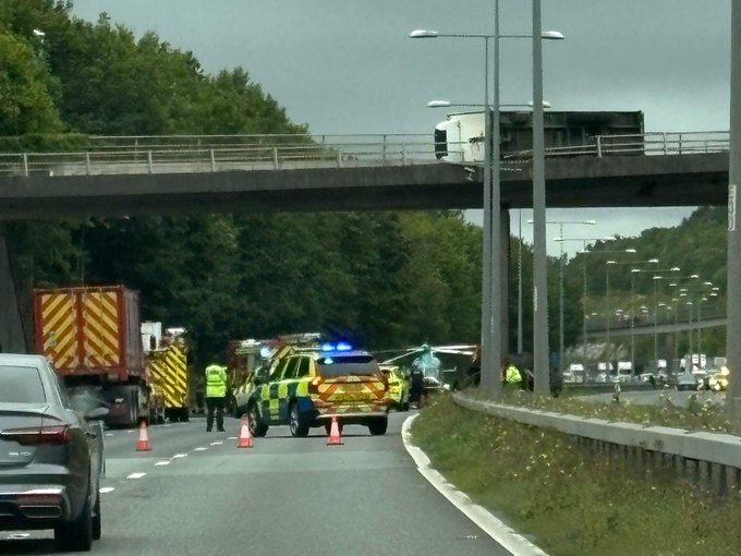 Emergency vehicles at a highway accident.