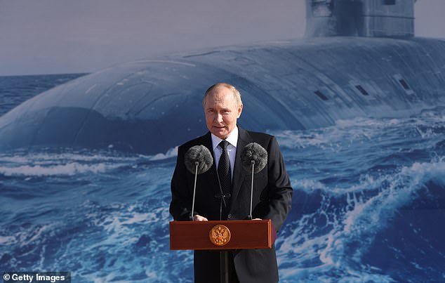 Russian President Vladimir Putin speaks while visiting the Sevmash Shipbuilding Plant, on July 24, 2025