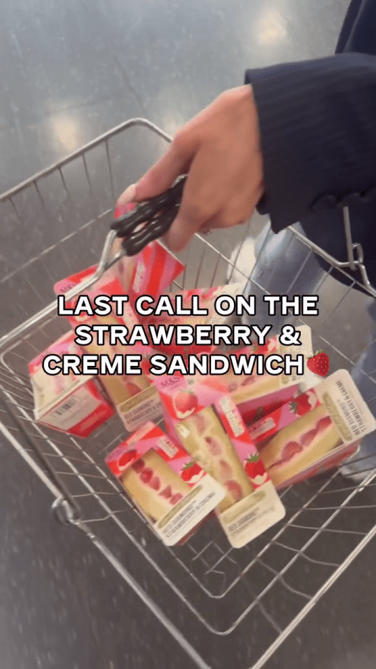 A shopping basket filled with Strawberry & Crème sandwiches.