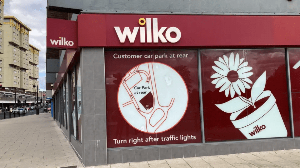 Wilko store exterior with signage and map showing rear car park.