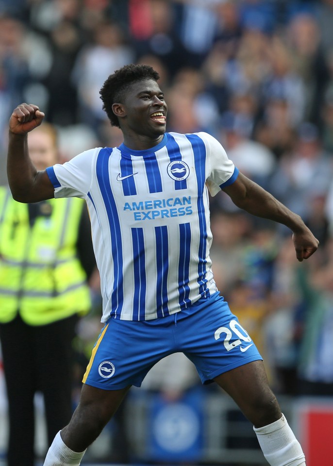 Carlos Baleba of Brighton & Hove Albion celebrating.