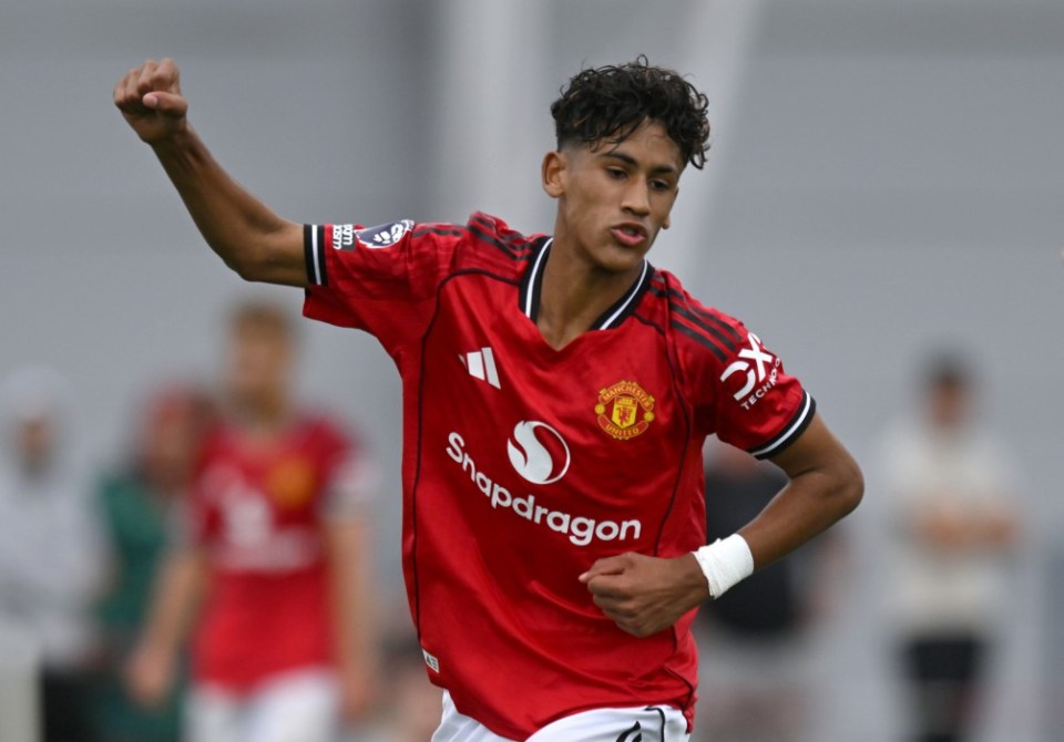 MANCHESTER, ENGLAND - AUGUST 23: Manchester United's JJ Gabriel celebrates scoring his side's fourth goal of the game during the Under 18 Premier League between Manchester United U18s and Middlesbrough U18s at Carrington Training Ground on August 23, 2025 in Manchester, England. (Photo by Anthony Devlin/Manchester United via Getty Images)