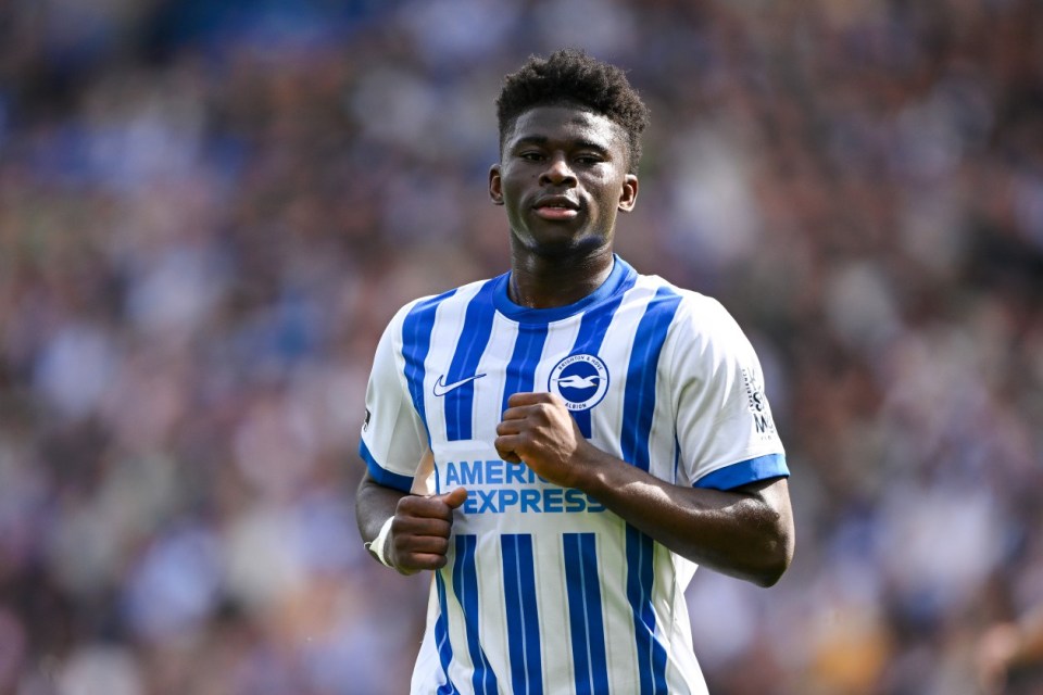 BRIGHTON, ENGLAND - APRIL 12: Carlos Baleba of Brighton & Hove Albion looks on during the Premier League match between Brighton & Hove Albion FC and Leicester City FC at Amex Stadium on April 12, 2025 in Brighton, England. (Photo by Mike Hewitt/Getty Images)