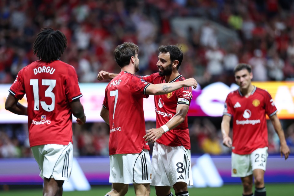 Manchester United players celebrating a goal.