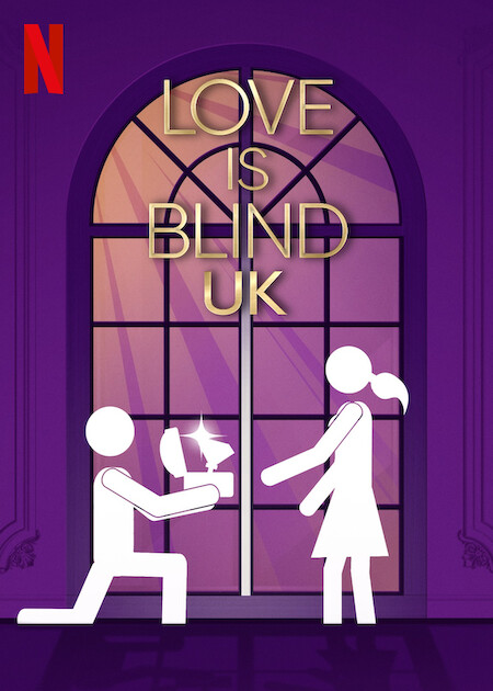Illustration of a marriage proposal in front of a window with "Love is Blind UK" text.