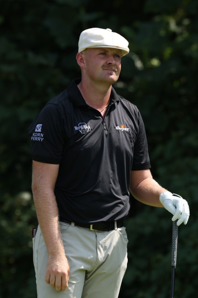 OWINGS MILLS, MARYLAND - AUGUST 17: Harry Hall of England reacts to a shot from the eighth tee during the final round of the BMW Championship 2025 at Caves Valley Golf Club on August 17, 2025 in Owings Mills, Maryland. (Photo by Andy Lyons/Getty Images)