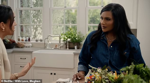 As Mindy (pictured) looked confused, Meghan, who has only visited Sussex once, continued: 'You have kids and you go "No, I share my name with my children"'