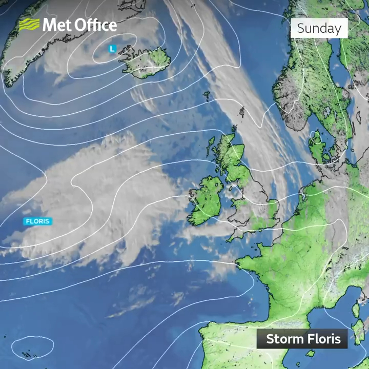 Weather map showing Storm Floris approaching Europe.