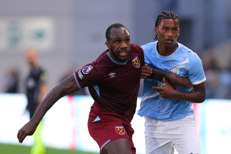 Michail Antonio of West Ham United and Reigan Heskey of Manchester City battling for the ball.