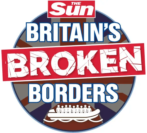 Illustration of The Sun newspaper logo with the text "Britain's Broken Borders" and an image of a small inflatable boat.