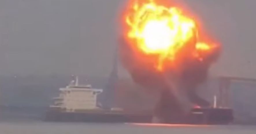 Cargo ship exploding in Baltimore Harbor.