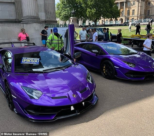 In a weekend-long operation, led by the Met Police and supported by the Motor Insurers' Bureau (MIB), up to 72 vehicles with a collective value of almost £7million were seized across the capital. These included a pair of purple Lamborghinis (pictured), Ferraris and Porsches