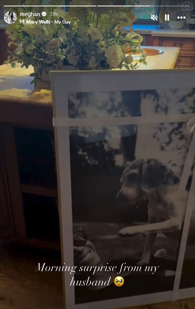 The framed, black-and-white picture was a 'morning surprise' from Prince Harry to mark the release of the second series of Meghan's Netflix lifestyle show that released earlier today