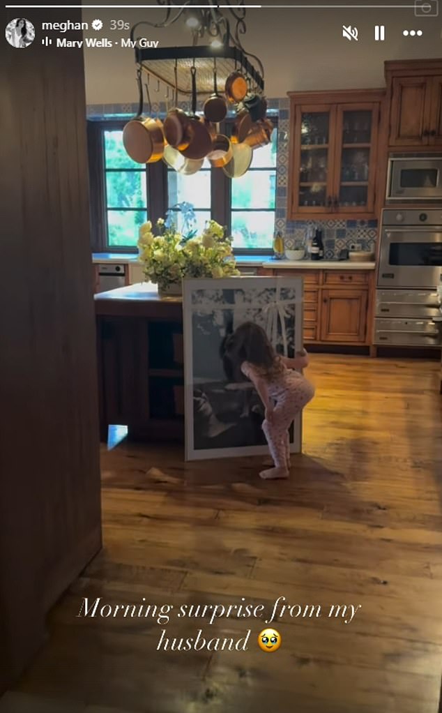 Lilibet, four, can be seen examining a new portrait of the family's beloved dog Guy, who passed away earlier this year, at the Sussexes' Montecito mansion in a clip shared on Meghan's Instagram Stories today