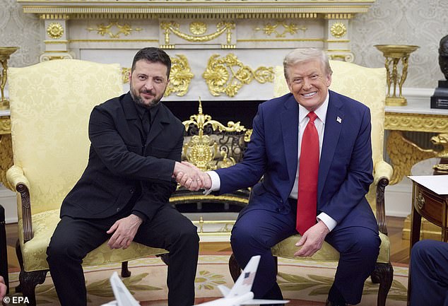 President Zelensky shakes hands with President Trump during talks on Monday