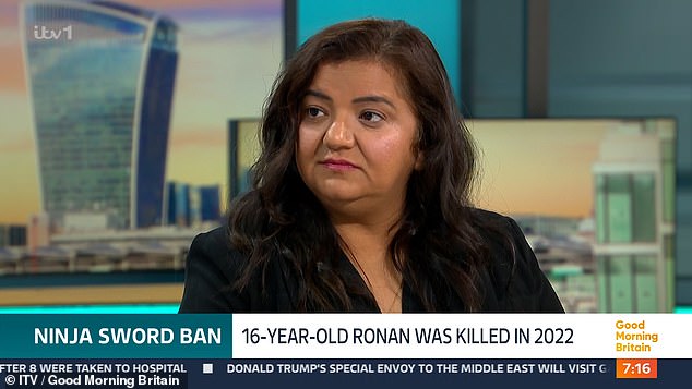 Speaking to Good Morning Britain this morning, Ronan's mother Pooja said: 'The murderer had 25 of these weapons - it wasn't just one, two or three'