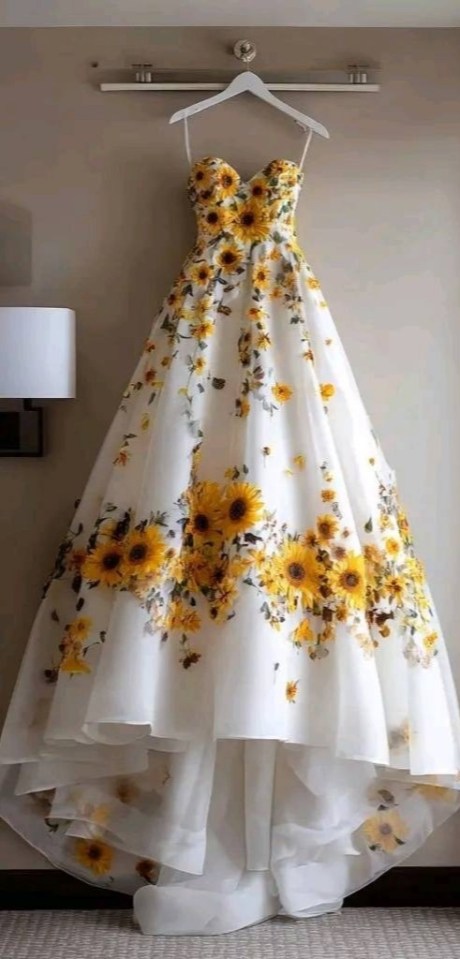 Collage of a white dress adorned with sunflowers.