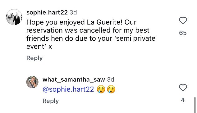Taking a swipe at the stars on Instagram, a friend of the bride wrote: 'Hope you enjoyed La Guérite! Our reservation was cancelled for my best friend's hen do due to your "semi-private event"'