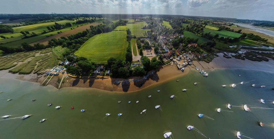 Aerial view of Waldringfield village and the River Deben.