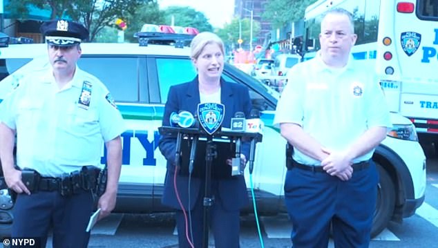 NYPD Commissioner Jessica Tisch (pictured) said at a press conference that the victims were identified as three men aged 27, 35 and an unknown age. She did not reveal their names