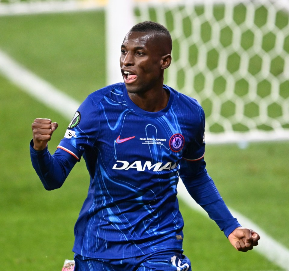 Nicolas Jackson of Chelsea celebrating a goal.