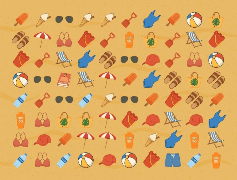 Illustration of beach items on sand.