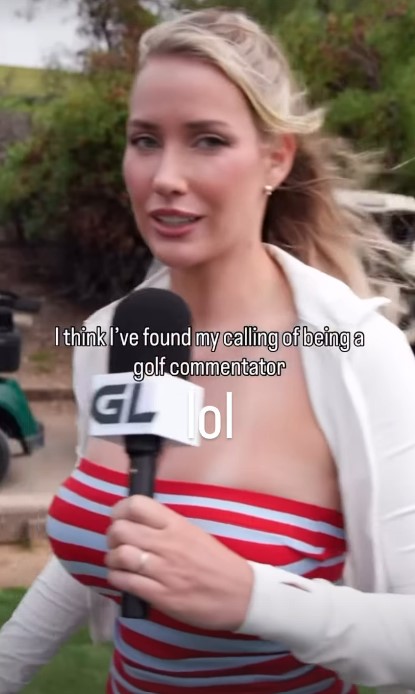 Paige Spiranac, holding a microphone, jokes about being a golf commentator.
