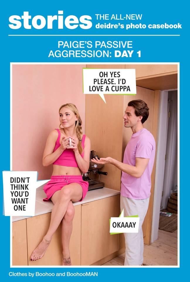 Illustration of a couple in a kitchen, with speech bubbles showing passive-aggressive dialogue.