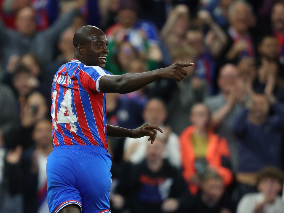 Jean-Philippe Mateta of Crystal Palace celebrating a goal.