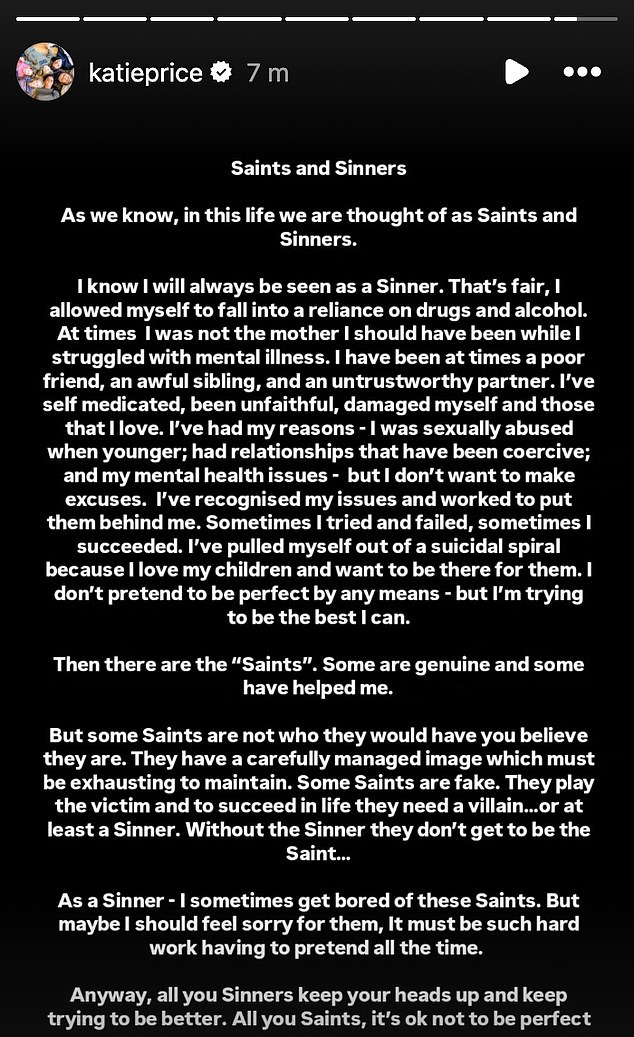 Katie responded to Peter 's bombshell statement with a bizarre Instagram post about 'fake Sinners who play the victim' on Friday
