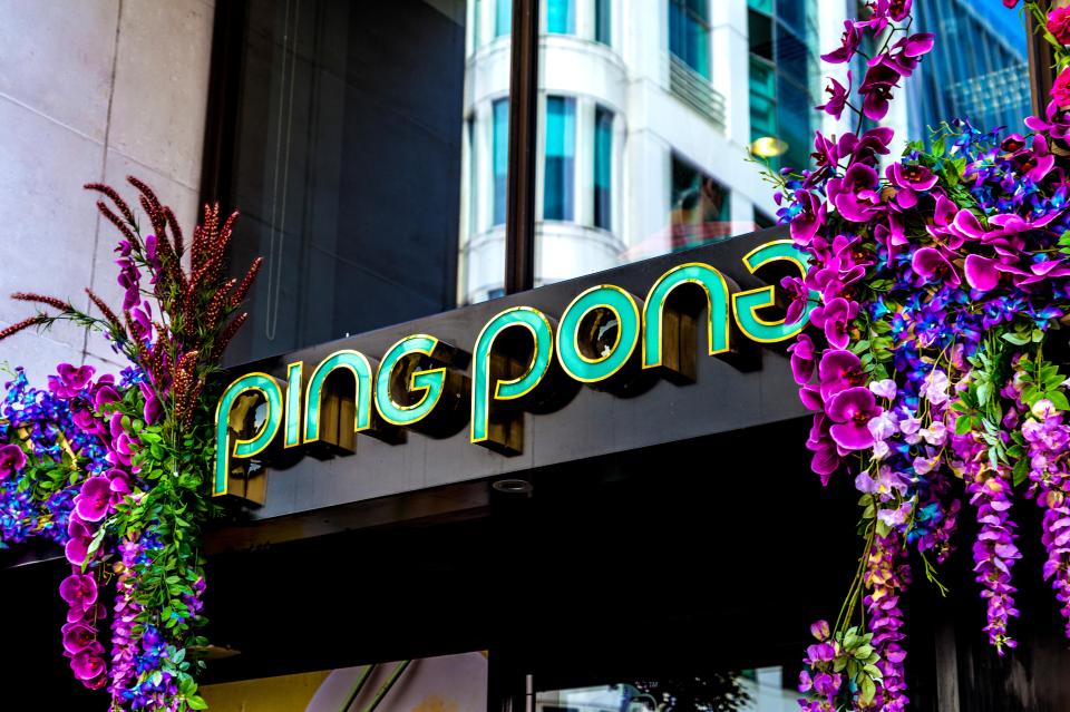 Ping Pong restaurant sign in Soho, London.