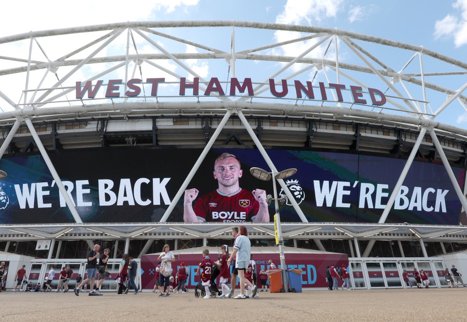 West Ham United stadium exterior with fans and a large screen displaying "We're Back".