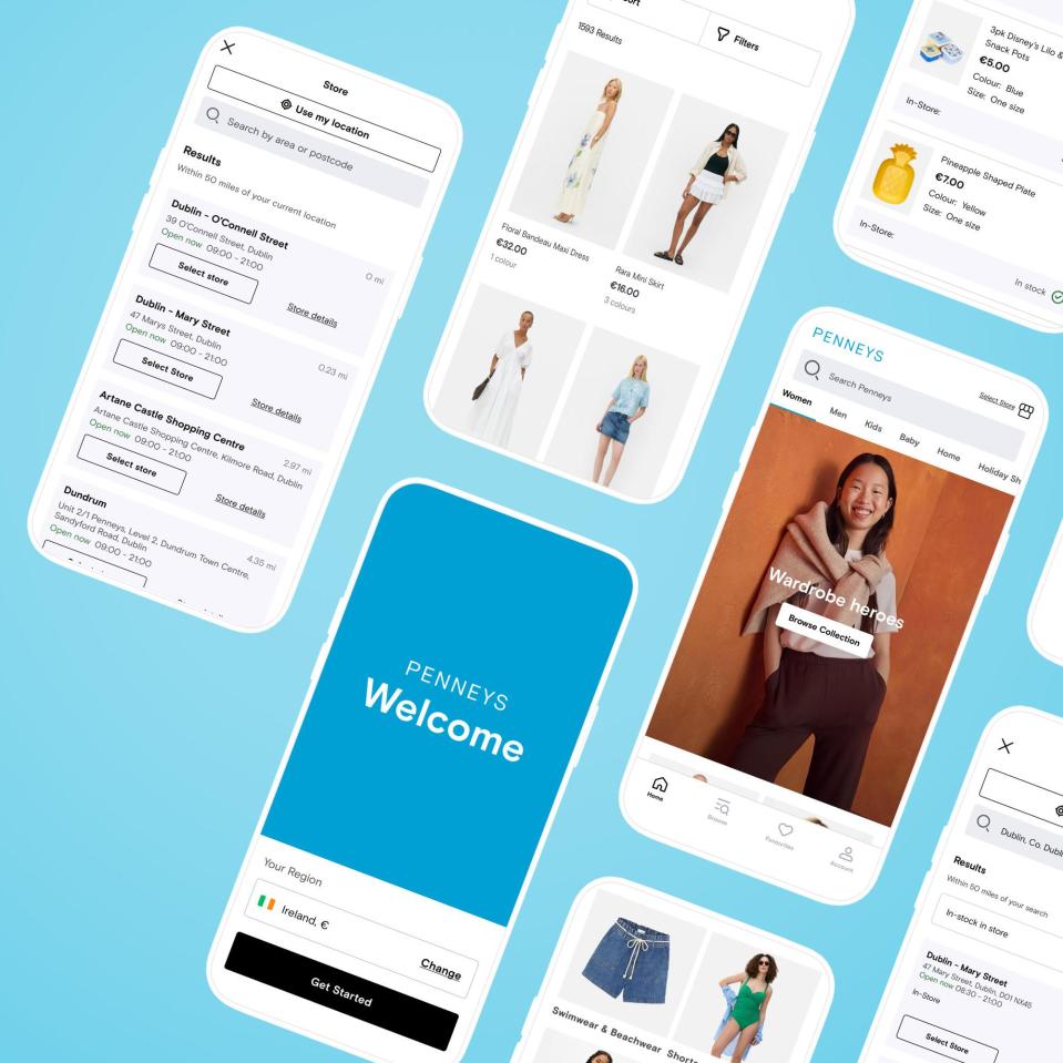 Screenshots of the Penneys app showing store locations and items for sale.