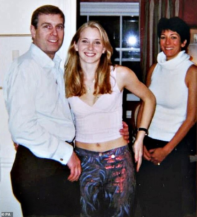 Prince Andrew with his arm around 17-year-old Virginia Giuffre as they stand next to Ghislaine Maxwell