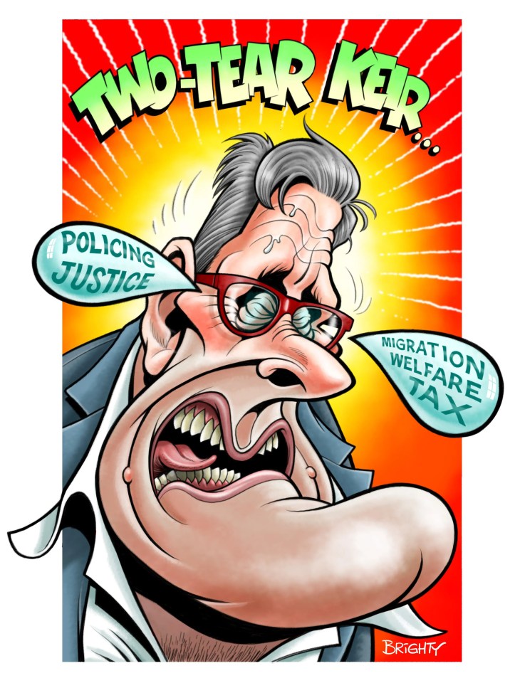 Illustration of a caricature of Keir Starmer with speech bubbles that say "Policing Justice" and "Migration Welfare Tax".