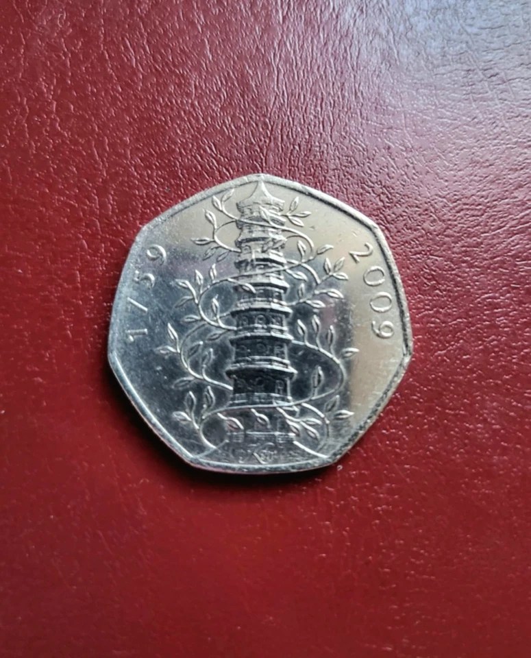 2009 British fifty pence coin featuring the Chinese pagoda at Kew Gardens.
