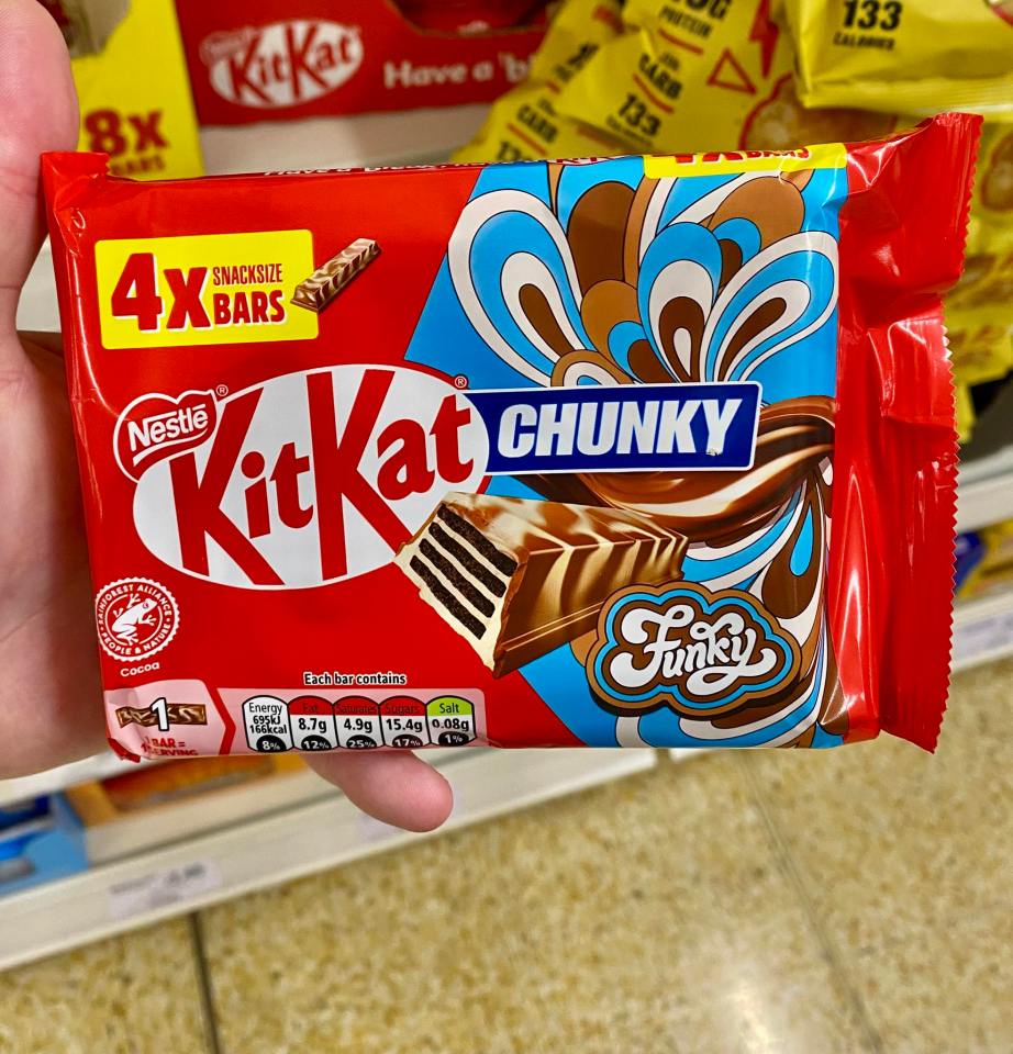 A pack of four snack-sized KitKat Chunky Funky chocolate bars.