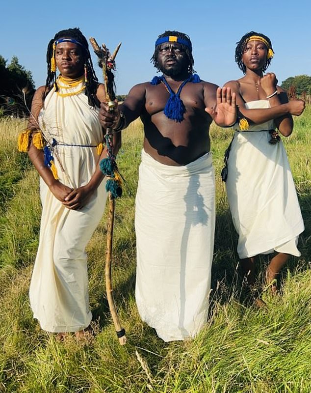 Ms Gasho, pictured left, Kofi Offeh, centre, and Kaura Taylor, right, shocked locals after setting up camp in a Scottish wood claiming it was territory belonging to their 'lost tribe'
