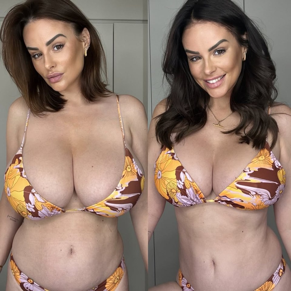 Woman in floral bikini, before and after.