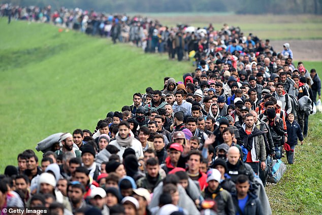 Migrants are escorted through fields by police as they are walked from Rigonce to Brezice refugee camp in Slovenia in 2015
